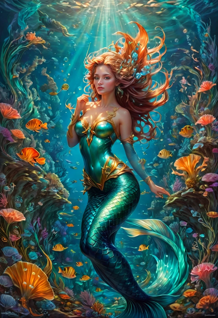 Mermaid Princess, by Peter Mohrbacher and Brandon Woelfel, best quality, masterpiece, very aesthetic, perfect composition, intricate details, ultra-detailed