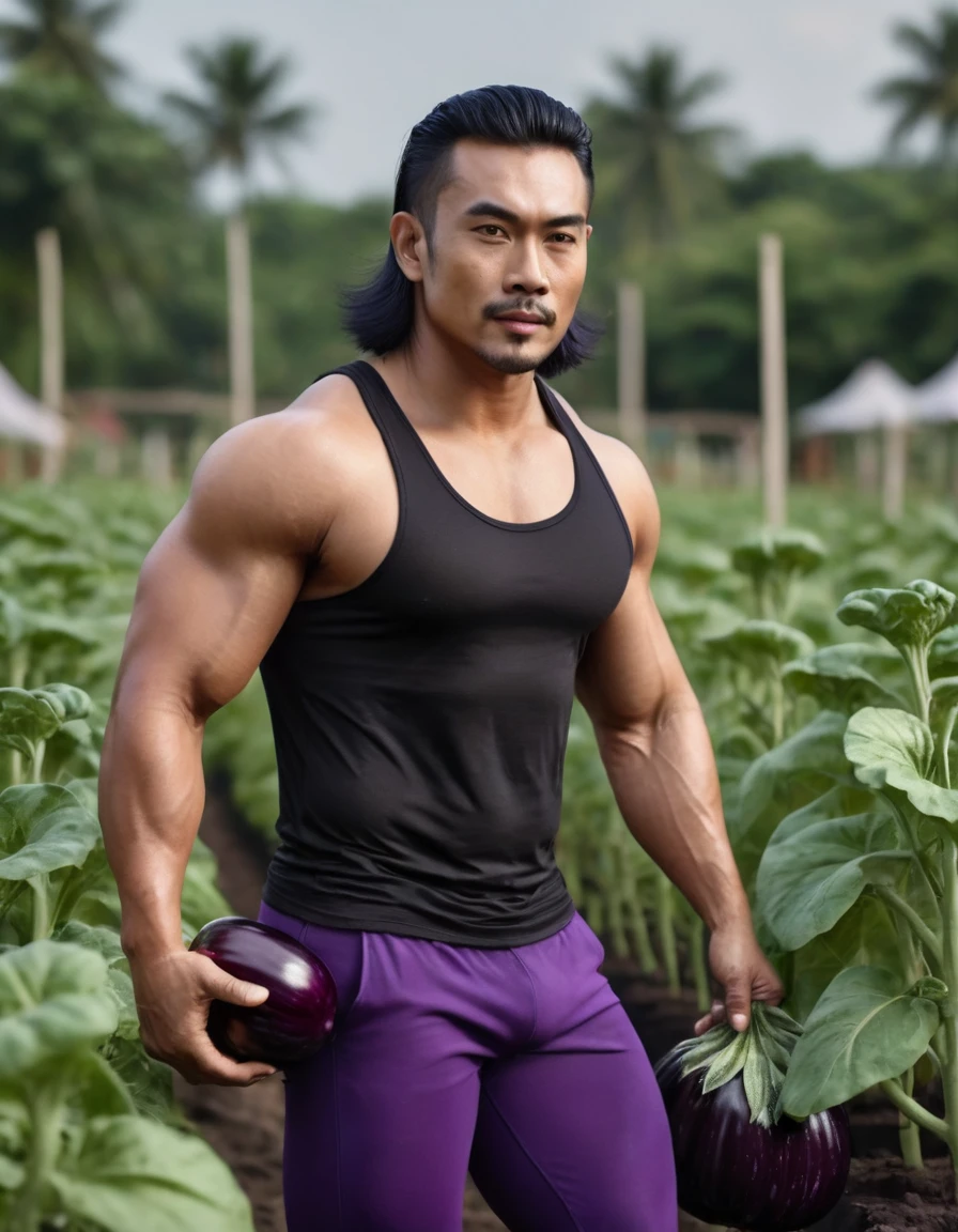 create a hyper realistic a handsome malay man who have a big muscular body builder with fair skinned. he wearing a black tank top and tight legging at vegetable garden while holding eggplant. his hair is messy and wet. high quality photo. detailed.