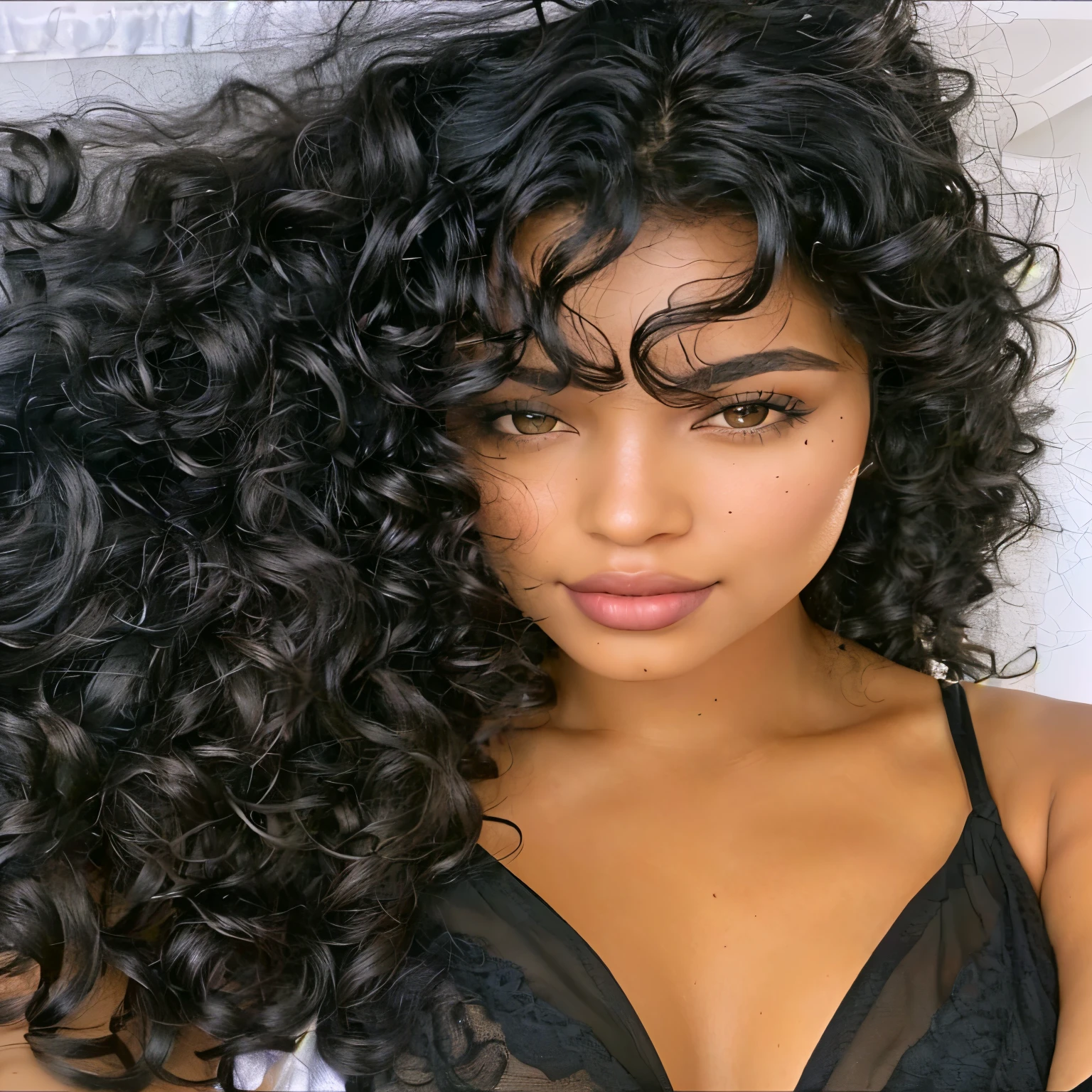 a close up of a woman with a very long curly hair, long wild black curly hair, long black curly hair, black long curly hair, black curly hair, curly bangs, long curly black hair, long messy curly hair, curly haired, curly middle part haircut, curly dark hair, curly black hair, long dark curly hair, curly, messy curly hair, curly hair