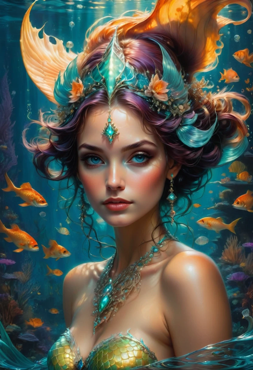 Mermaid Princess, by Gerald Brom and Brandon Woelfel, best quality, masterpiece, very aesthetic, perfect composition, intricate details, ultra-detailed