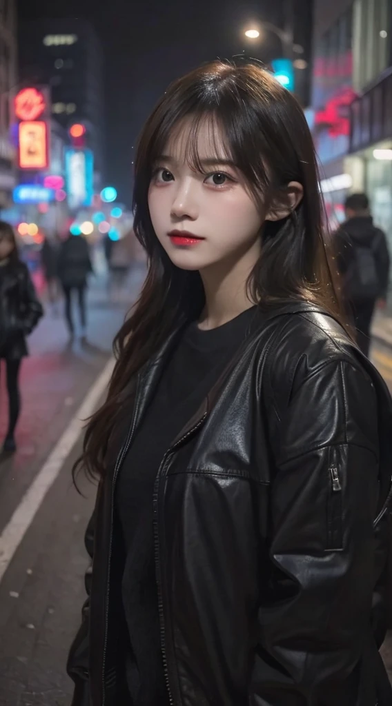 city street, neon, fog, volumetric, closeup portrait photo of young woman in dark clothes,