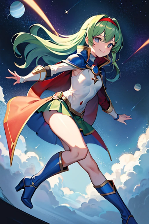 highest quality, (masterpiece), (Bold Line), (High resolution:1.2), Dramatic Light, 1 Female Knight, observatory, looking at space through long Telescope, space, planet, shooting star, light lines among planet, Beautiful Face, 8K、photograph、Green Hair、long hair、Red headband、Blue Armor、Green Skirt、Red Cape、Blue Eyes、smile、Blue Boots、Background is space、highest quality
