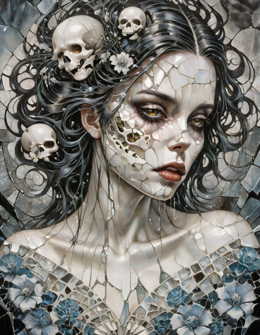 A portrait of a female broken android with a cracked porcelain face that's shattering into fragments, futuristic look, close-up, skull, shattered glass, made of porcelain, broken, destroyed, abstract patterns, white and light gray, head and shoulders portrait of succubus with flowers aquatic motifs, by Giger, Tim Burton, Artgerm, hyperdetailed