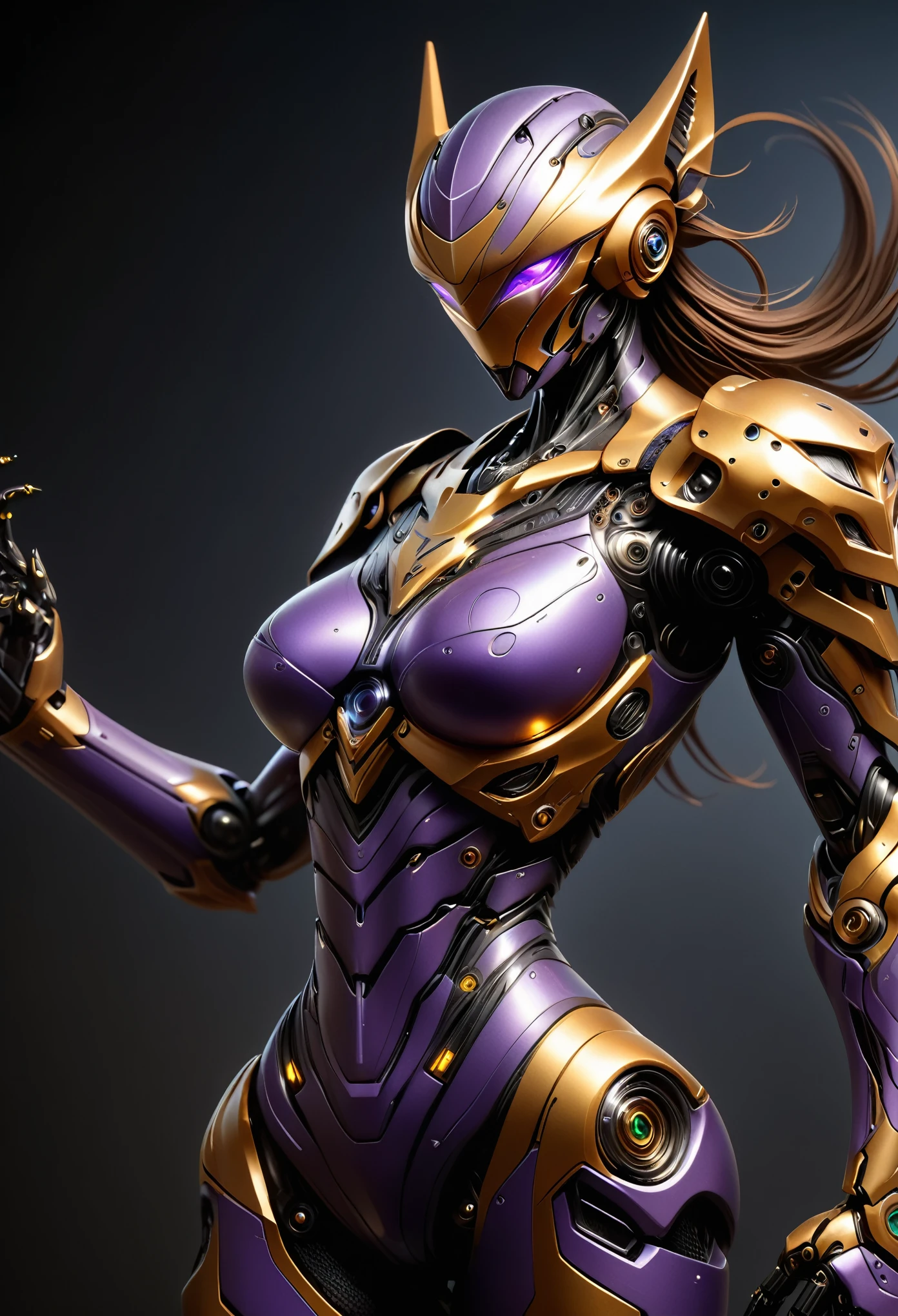 (best quality,4k,8k,highres,masterpiece:1.2),ultra-detailed,(realistic,photorealistic,photo-realistic:1.37), realistic mecha suit inspired by a female, erotic body, highly detailed, hyper realistic, 8k, photorealistic, intricate machinery, feline features, sleek aerodynamic design, sharp claws, cat-like movements, glowing eyes, metallic sheen, complex mechanical parts, advanced technology, cinematic lighting, dynamic pose, detailed texture, futuristic, concept art style, whole body, purple, black, gold