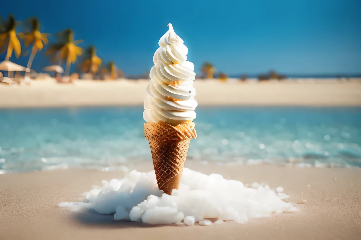 "/prefer suffix --ar 3:2 --q 2 --v 5.1" ice cream cone on a tropical beach with crystal clear water and white sand, palmeiras,