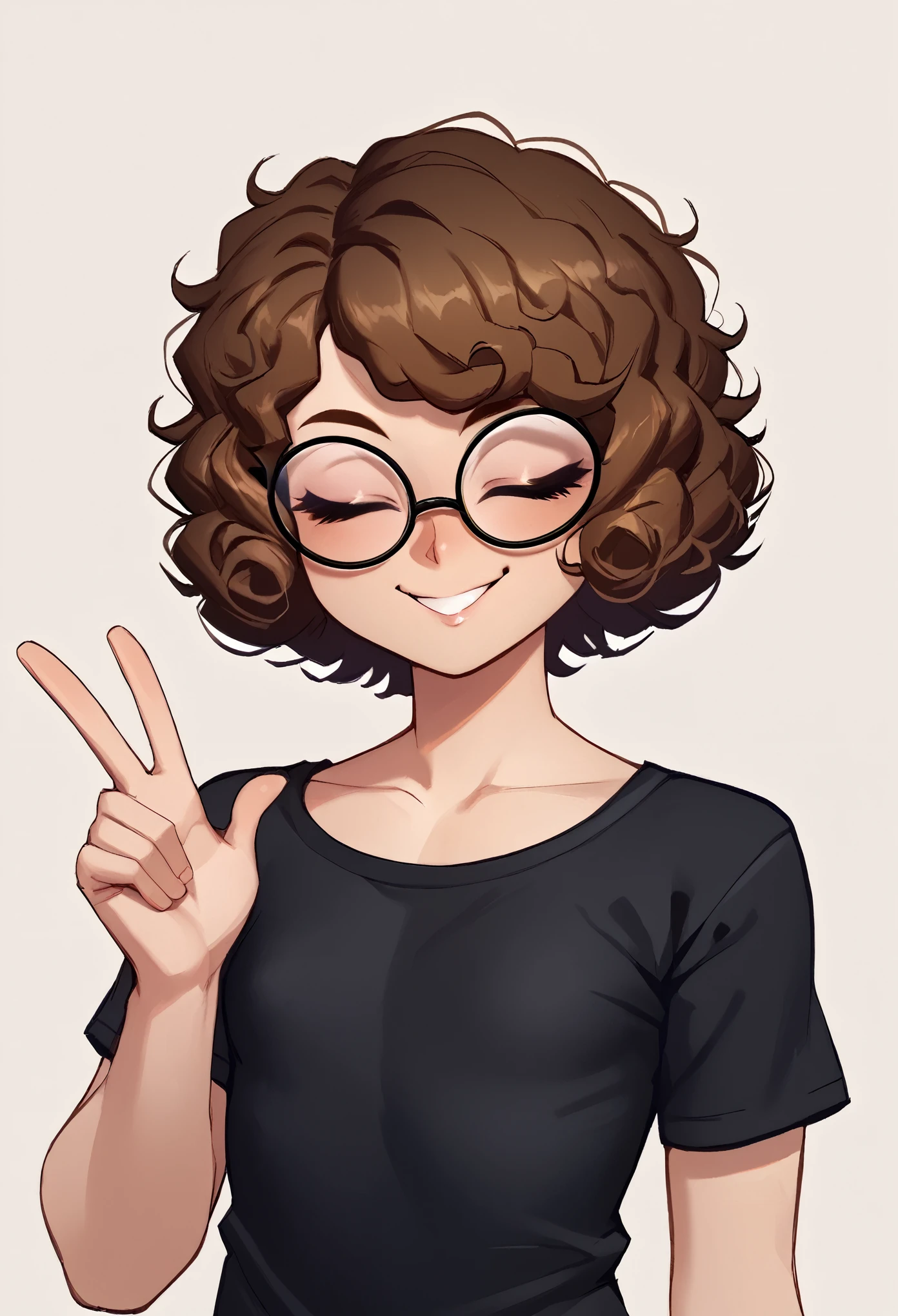 score_9, score_8_up, score_7_up, score_6_up, score_5_up, score_4_up, BREAK 1girl, short hair, curly hair, brown eyes, wearing glasses, slightly closed eyes, black shirt, wealth background, big smile,, lustful face, small breasts, flat chest, flat , v chin, bottom out of frame,
