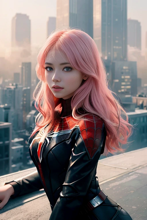 (1girl:1.3), Solo, (((Very detailed face)))), ((Very detailed eyes and face)))), Beautiful detail eyes, Body parts__, Official art, Unified 8k wallpaper, Super detailed, beautiful and beautiful, beautiful, masterpiece, best quality, original, masterpiece, super fine photo, best quality, super high resolution, realistic realism, sunlight, full body portrait, amazing beauty, dynamic pose, delicate face, vibrant eyes, (from the front), She wears Spider-Man suit, red and black color scheme, spider, very detailed city roof background, rooftop, overlooking the city, detailed face, detailed complex busy background, messy, gorgeous, milky white, highly detailed skin, realistic skin details, visible pores, clear focus, volumetric fog, 8k uhd, DSLR, high quality, film grain, fair skin, photo realism, lomography, futuristic dystopian megalopolis, translucent, hair pink and blonde