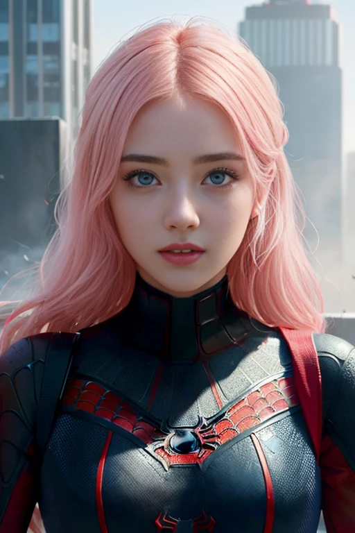 (1girl:1.3), Solo, (((Very detailed face)))), ((Very detailed eyes and face)))), Beautiful detail eyes, Body parts__, Official art, Unified 8k wallpaper, Super detailed, beautiful and beautiful, beautiful, masterpiece, best quality, original, masterpiece, super fine photo, best quality, super high resolution, realistic realism, sunlight, full body portrait, amazing beauty, dynamic pose, delicate face, vibrant eyes, (from the front), She wears Spider-Man suit, red and black color scheme, spider, very detailed city roof background, rooftop, overlooking the city, detailed face, detailed complex busy background, messy, gorgeous, milky white, highly detailed skin, realistic skin details, visible pores, clear focus, volumetric fog, 8k uhd, DSLR, high quality, film grain, fair skin, photo realism, lomography, futuristic dystopian megalopolis, translucent, hair pink and blonde