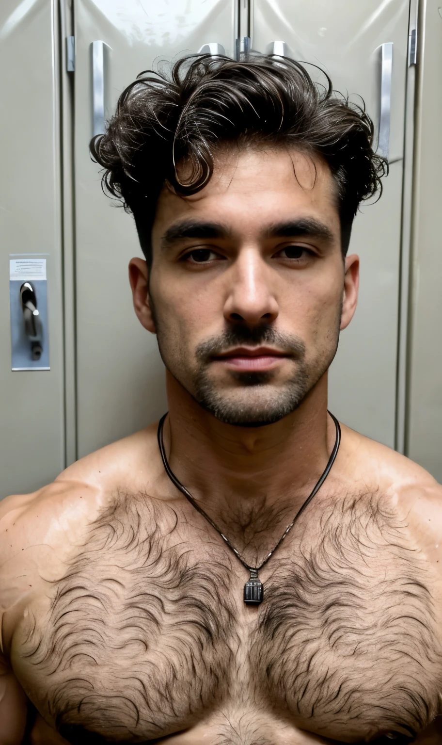 Masterpiece, amazing photography, very detailed, Two men pictured a thin man next to his sexy muscular 55-year-old teacher, white grey hair, together in the school locker room; old man grey white hair, man, is submissive, of short size, sexual tension, horny, erect bulge, without clothing, messy hair, brown skin, face, full body, body with hair on chest, thin and weak body, hairy only in lower part; on the other hand, the 55-year-old professor, muscular body, large pectorals, tall, dominant, without clothing very short and straight black hair, Caucasian or white skin, face, full body, lots and lots of hair on chest, small beard of a day, hairy in the lower part; highly detailed skin, skin pores, school clothing, sunny weather, steam, showers, 8k uhd, dslr, dim lighting, high quality, film grain