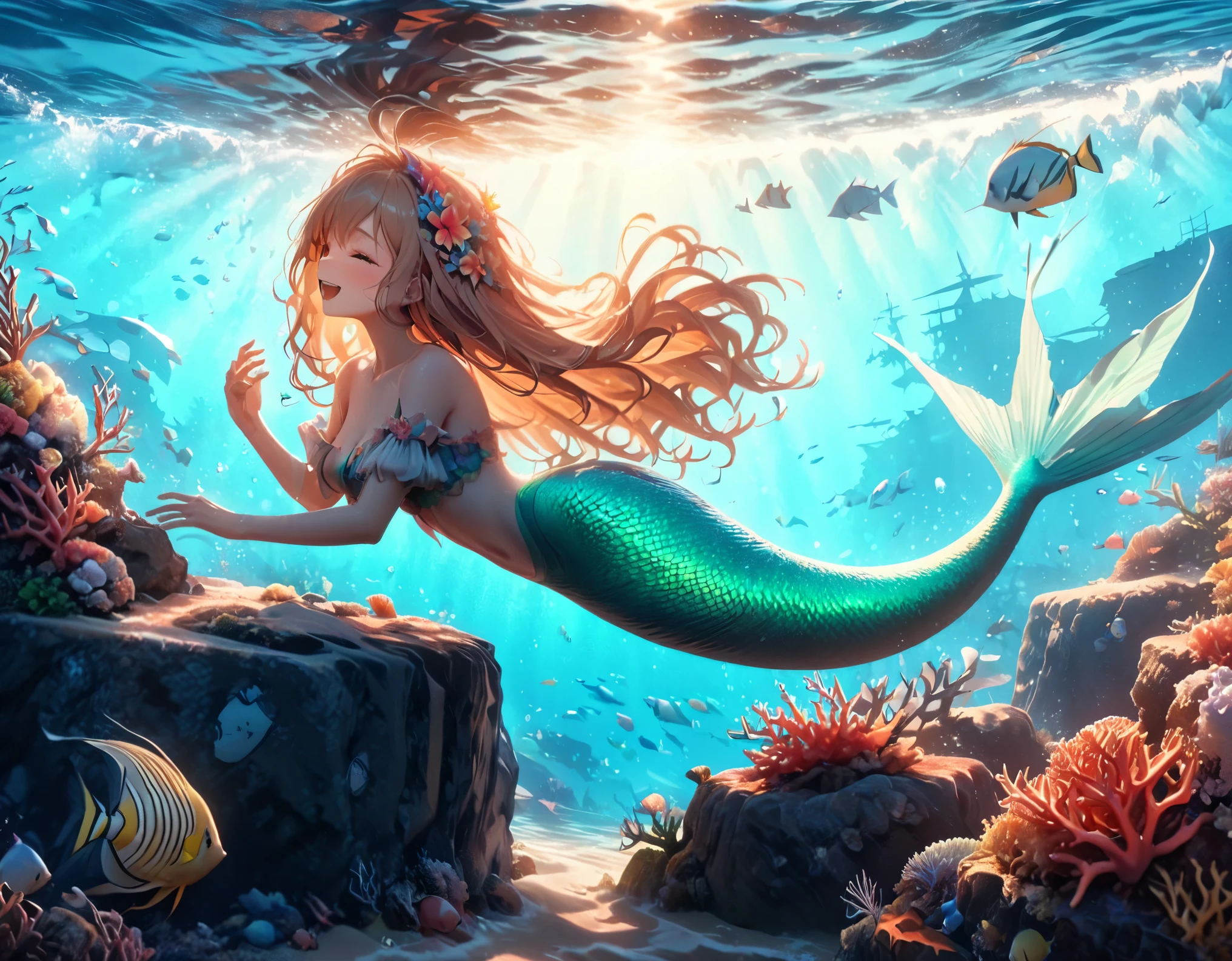 (best quality,4k,8k,highres,masterpiece:1.2),ultra-detailed,(realistic,photorealistic,photo-realistic:1.37),1girl, beautiful detailed eyes, beautiful detailed lips, extremely detailed face, long eyelashes, Emma Watson as a mermaid, mermaid tail, underwater scene, coral reef, colorful fish, glowing bioluminescent algae, shimmering scales, seaweed, dramatic lighting, vibrant colors, cinematic composition