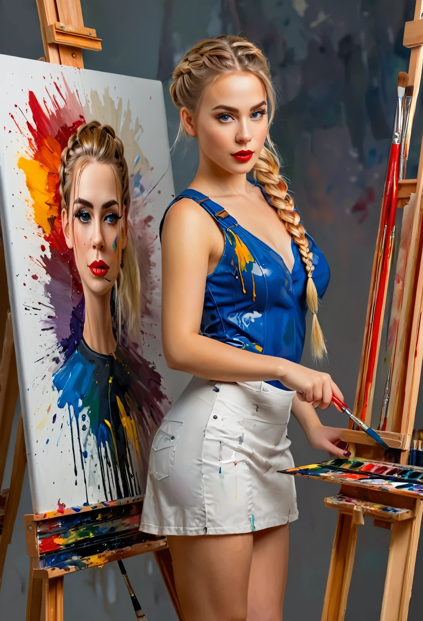 sexy cyborg woman, full-length, standing, beautiful face, expressive eyes, red lips, French braid, blonde hair, oil paints, self-portrait, easel, paintbrushes, art studio, natural lighting, vibrant colors, detailed brushstrokes, realistic rendering, professional artist, creative process, confident posture, artistry, fashionable outfit, perfect composition, exquisite technique, captivating gaze, artistry, alluring atmosphere, unique style, feminine charm, stunning artwork, high resolution, 4k image, dynamic background, flawless details, masterful strokes, harmonious color palette.