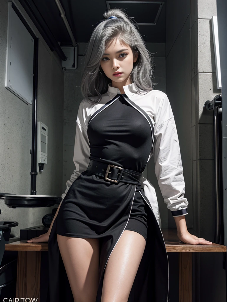 Medium Shot , full waist up pose , upper knees pose , Beautiful ultra hot woman looking at camera, Gray Hair, Chris Foss' half-opened off-the-shoulder transparent grayish blouse with tight mini short panties , detail skin texture , expose cleavage , damp,