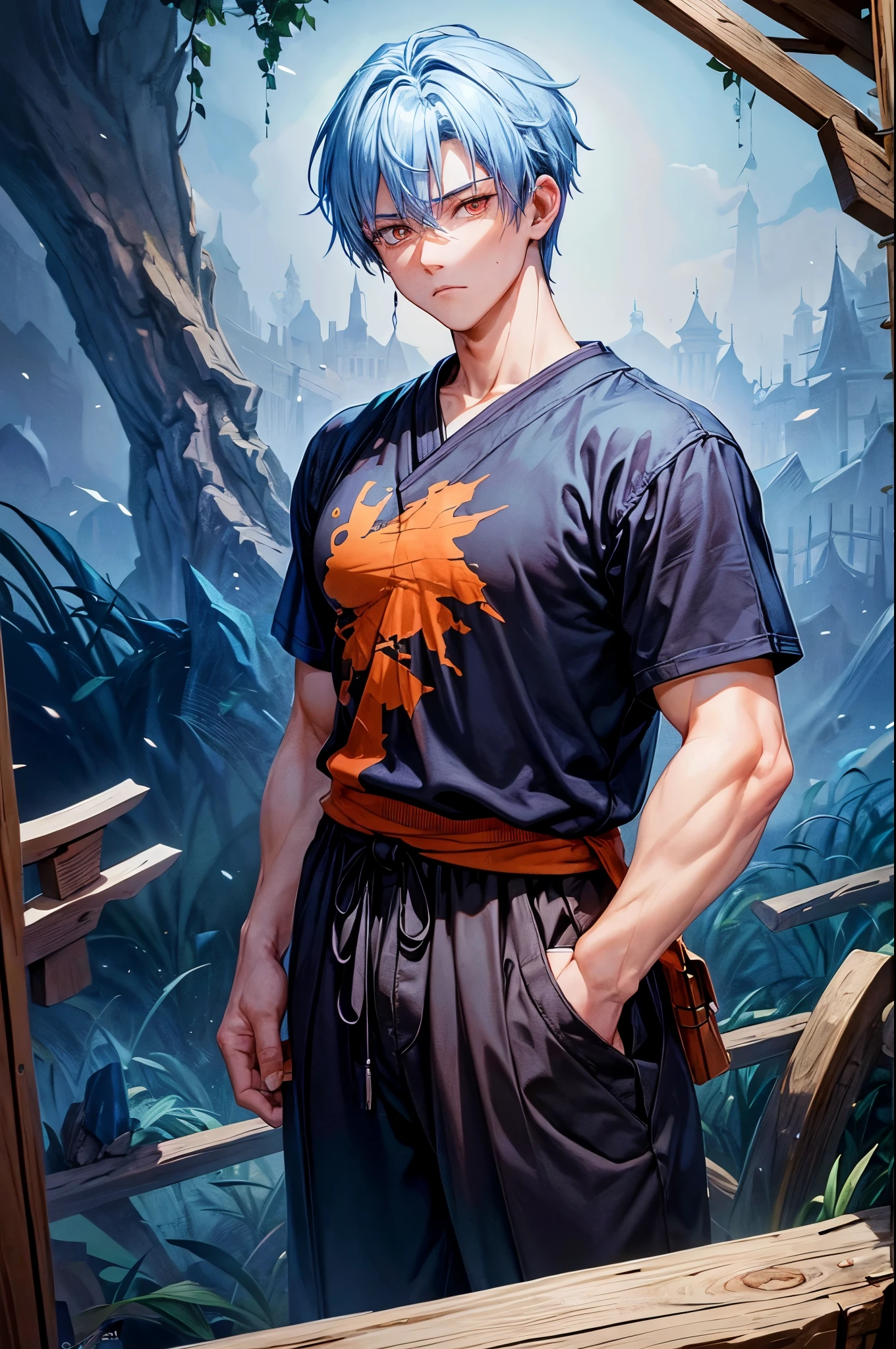 Anime man, he is putting his hands in his trouser pockets, he has orange eyes and has blue hair, then he wears a high  in Japan and wears short sleeves, he has somber eyes, and there are some wounds on his arms, he seems to be a dashing and brave man, but he looks loyal,  Draw eyes and hands His hands are not deformed, his eyes are perfect and his hands are manly hands and clear in shape, he is standing alone.