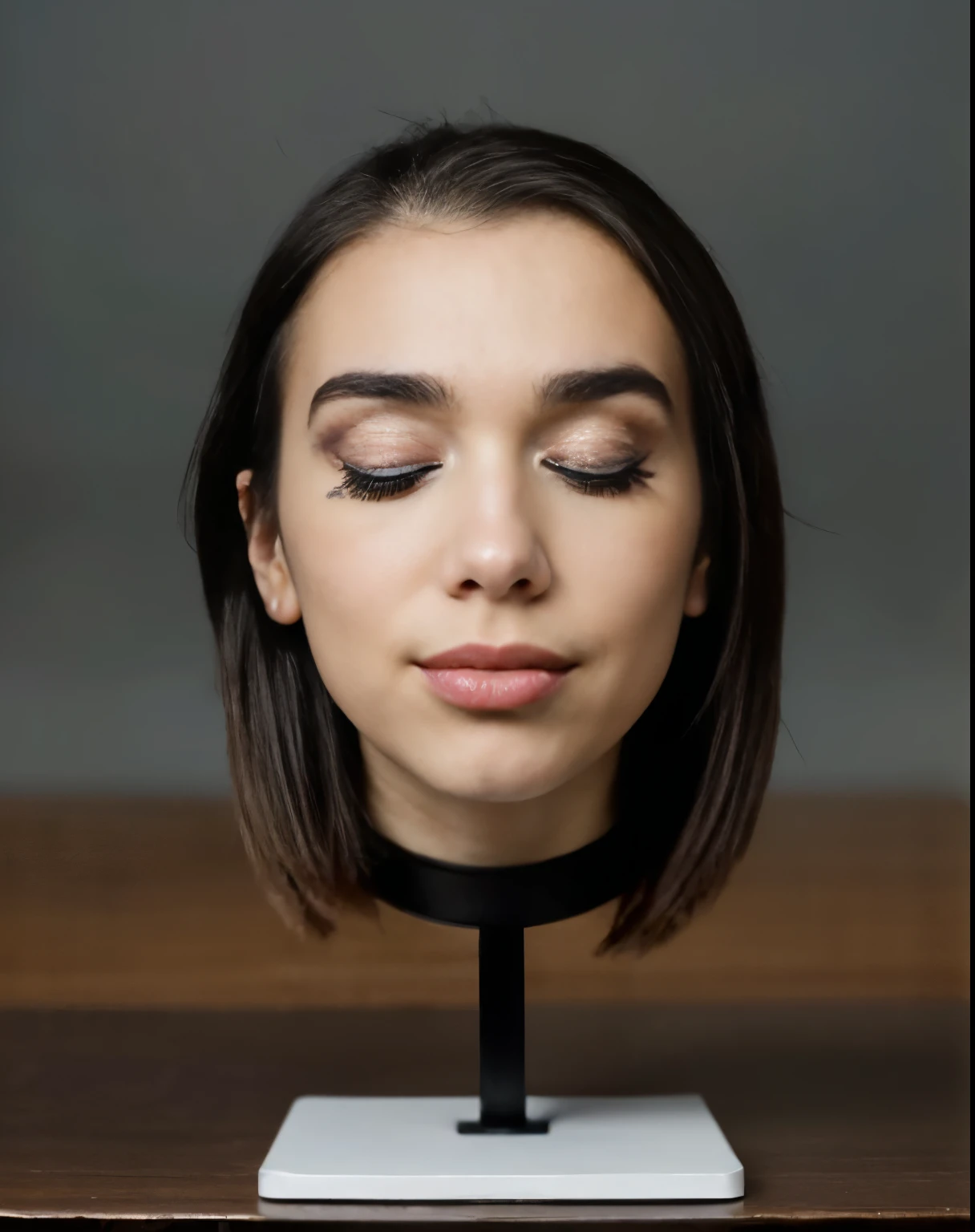 ((disembodied head on desk stand)), lora:Dua Lipa, wearing makeup, extremely detailed skin texture, (eyes closed), (realistic), realistic natural lighting, (best image, best quality)