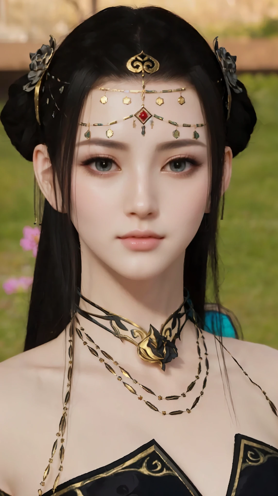a close up of a woman in a black dress with a necklace and a flower, a beautiful fantasy empress, inspired by Lan Ying, japanese goddess, pink lips, white porcelain skin, nezha, 8 k character details, game cg, unreal engine render + a goddess, trending on cgstation, 8k highly detailed face, full body xianxia, yun ling