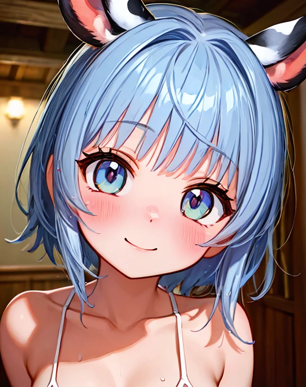 (masterpiece:1.2), highest quality, High resolution, unity 8k wallpaper, Highly detailed face, Beautiful Eyes,Glowing Skin,smile,blush,Gloss,Hall face,perfect lightでg, Extremely detailed CG,Official Art, Browsing Caution,smile,One big girl ,(Cow print micro bikini), Browsing Caution, (slim_body), Mansuji, One Girl, Stripes are visible, anime, Eyes with highlights, Wet,Gloss(Wet:1.2) 