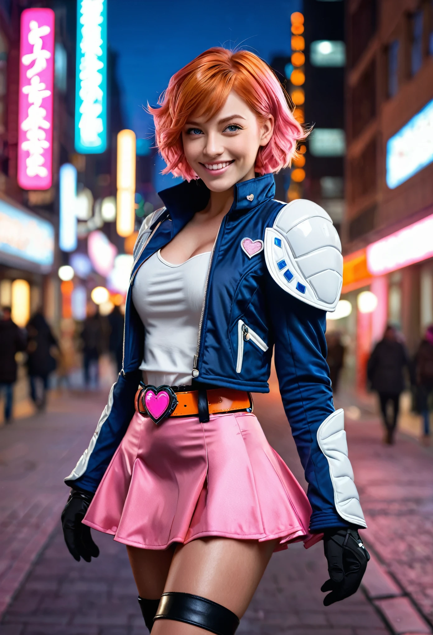 1girl,cowboy shot, beautiful nora_valkyrie, looking at viewer, smile, short hair, blue eyes,heart cutout, gloves, jacket, pink skirt, pink belt, short sleeves, puffy sleeves, single armband, fingerless gloves, orange hair, pink gloves, dynamic pose, night, outdoors, city, (volumetric lighting), best quality, masterpiece, intricate details, tonemapping, sharp focus, hyper detailed, trending on Artstation,