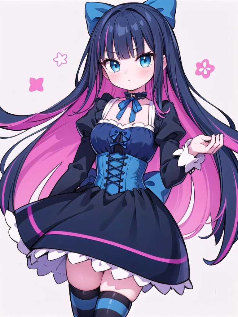 1girl, masterpiece, best quality, perfect hands, anarchy stocking, psgstocking, multicolored hair, pink colored inner hair, dark blue hair, blunt bangs, black corset dress, long sleeves, juliet sleeves, (black with dark blue striped thighhighs:1.4), blue hair bow, corset dress, white choker