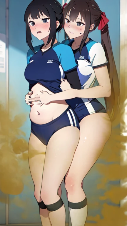 2 Asian girls, anime girls, both farting together side by side, desperate to poop, farting while standing, farting in public changing room, wearing volleyball outfit, stomach bloated, hands hugging stomach, pained expression, shocked and embarrassed, mouth open in shock, sweating, blushing, beautiful and cute face, anime art style, fit body, tall and thin, view from side, legs spread, 2 girls, duo, 2 girls farting facing each other