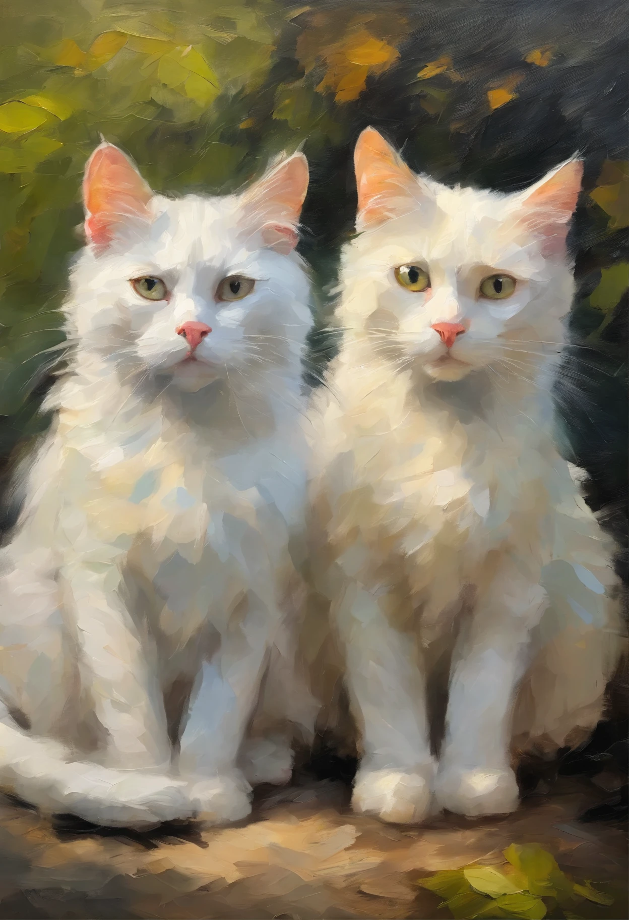 2 cats ,2 mystic cats,white cats ,in forest,cute face cats