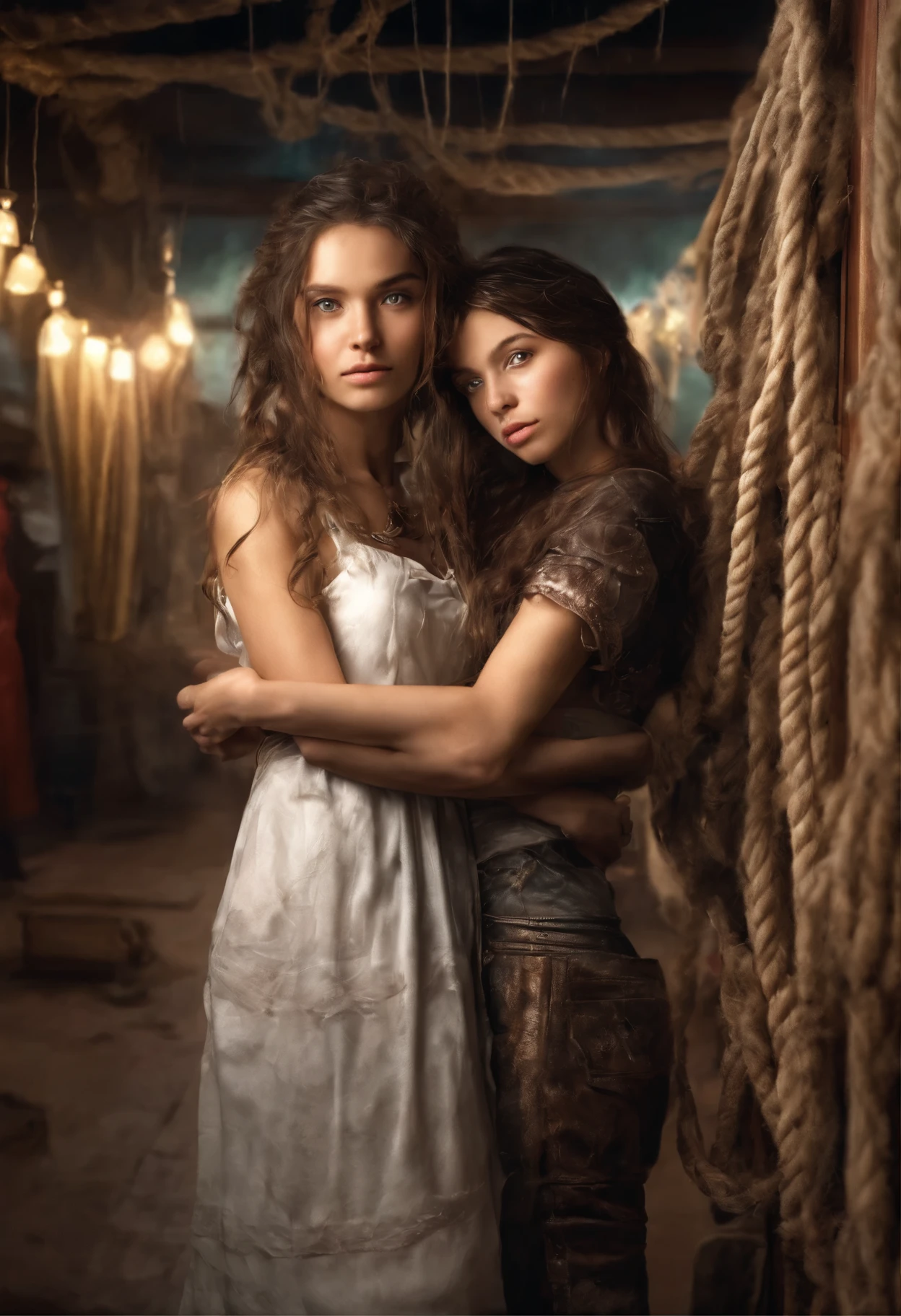 A girl is tied up with ropes by another girl,(Bright Lights,Romantic environment),Fantasy Background,,black hair, charming gaze, , soft skin, Charming beauty, art portrait, high quality images, Vibrant colors, Long silk dress, locker room, (cocoon:1.4)