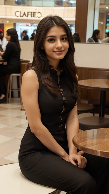 Feminine, 1 girl in suit salwar, dark brown hair, a slight pout, (A masterpiece of the highest quality:1.2) super detailed and delicate illustrations, sitting in a mall's cafe, by the giant glass window, smiling
