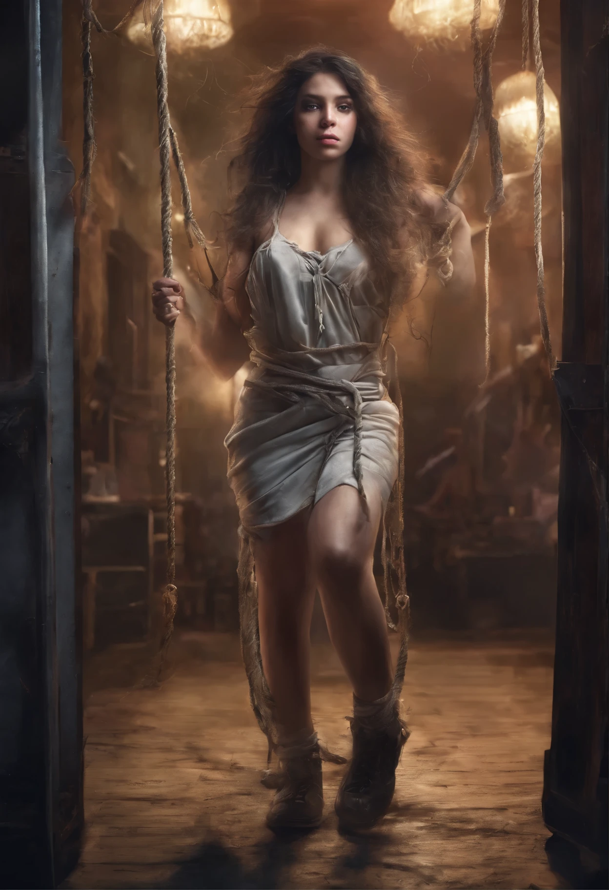 A girl is tied up with ropes by another girl,(Bright Lights,Romantic environment),Fantasy Background,,black hair, charming gaze, , soft skin, Charming beauty, art portrait, high quality images, Vibrant colors, Long silk dress, locker room, (cocoon:1.4)