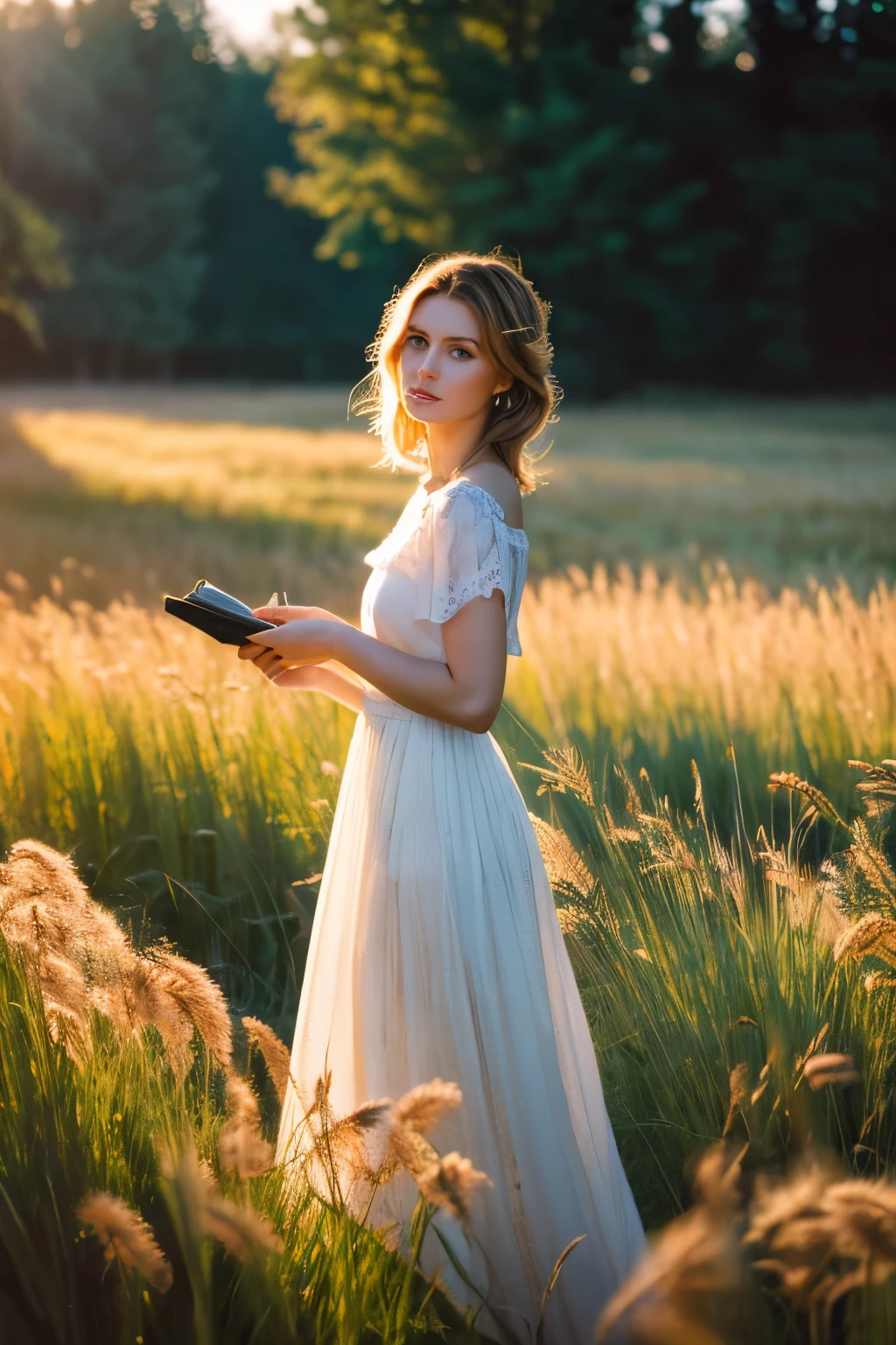 photograph of a white woman in tall grass, Andrei Tarkovsky, Anna Nikonova, warm sunlight, Antonio Rotta, reality punctuated by dreams, , Dean Cornwell, innocence, Robert Capa, summer sun, bob professional photography, soft lighting, high detail, intricate detail, photorealistic, cinematic, random angle, watercolor, airbrush, style Greg Rudkowski, Michael Garmash, ultra hd, realistic, vivid colors, highly detailed, UHD drawing, pen and ink, perfect composition, beautiful detailed intricate insanely detailed octane render trending on artstation, 8k artistic photography, photorealistic concept art, soft natural volumetric cinematic perfect light