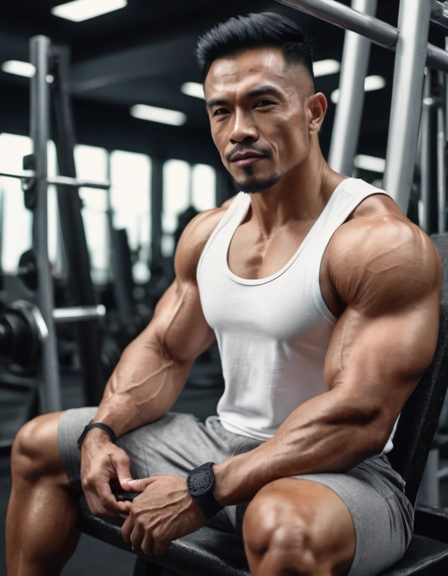 create a hyper realistic handsome muscular body builder malay man wearing white tank top sitting on bench press at gym. fair skin. slight smile. sharp photo. photography. close up photo. professional 8K photo. detailed.
