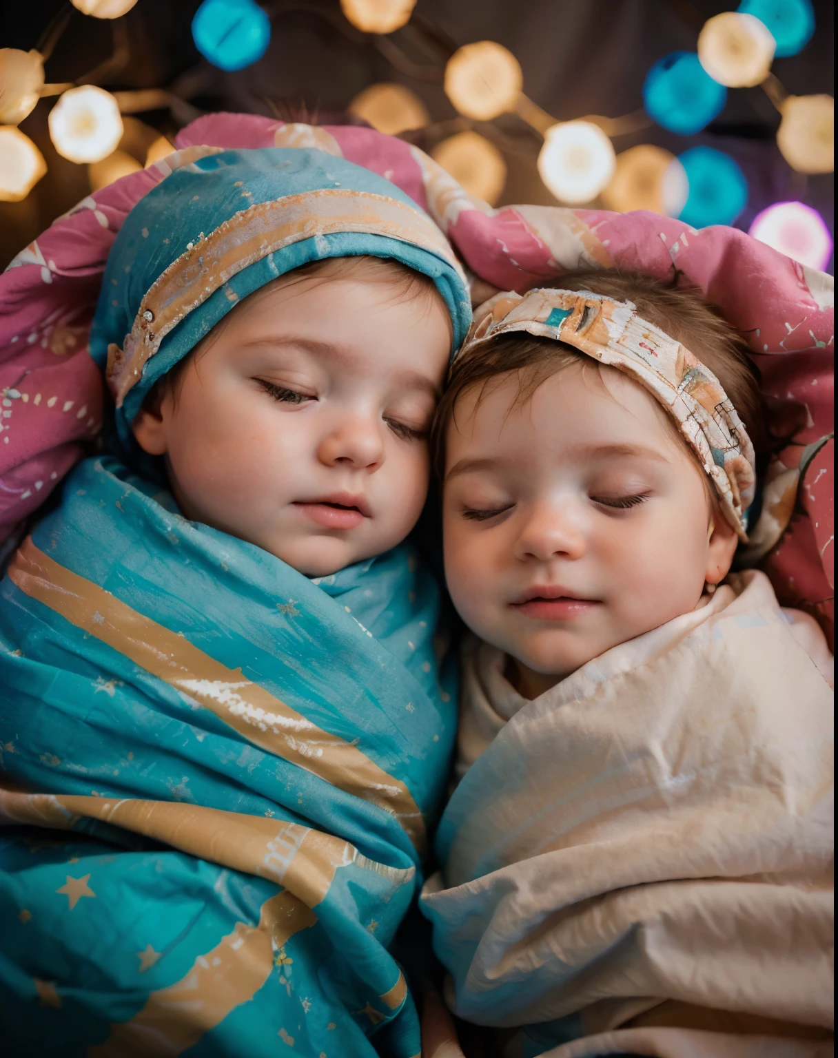 two babies are sleeping in blankets with lights in the background, closeup portrait shot, portrait shot, close up portrait shot, close - up portrait shot, detailed portrait shot, close portrait, inspired by Anne Geddes, by Dan Luvisi, twins, by Micha Klein, photo taken with nikon d750, photo taken with nikon d 7 5 0