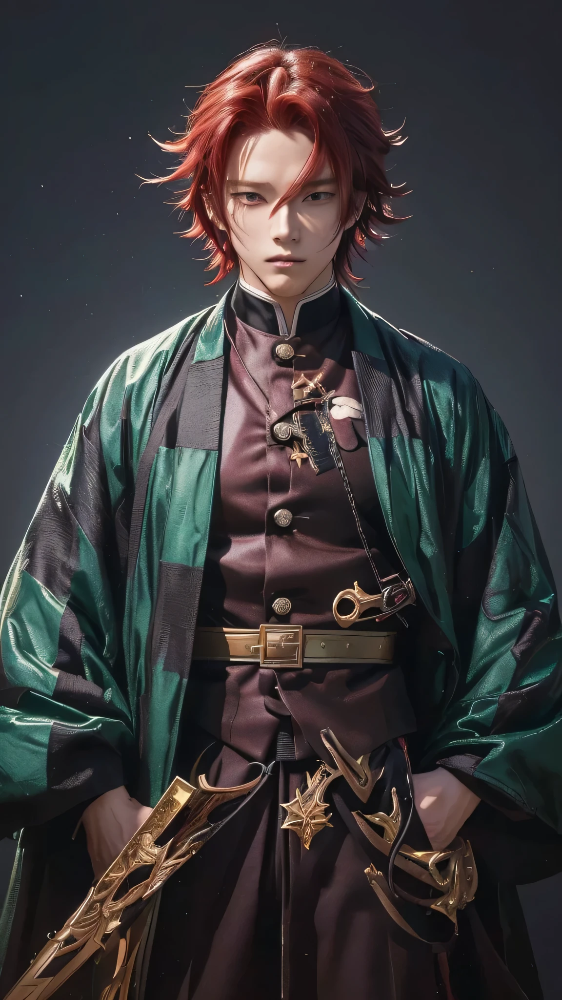 Anime character with red hair and a green and black jacket, handsome guy in demon slayer art, detailed Anime character art, demon slayer rui fanart, Detailed digital anime art, Anime character, male Anime character, Anime character art, An overly detailed fictional character, Gorgeous and highly detailed art, A work of art in the Quwaiz style, Anime style character, Kakyoin
