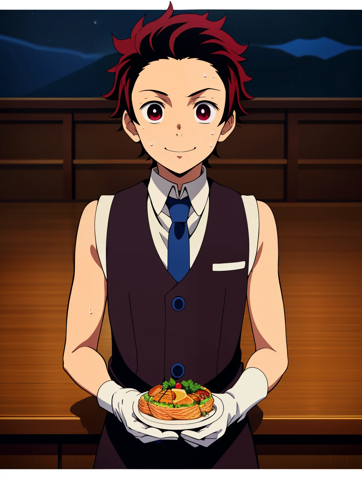 Highres, Masterpiece, Best quality at best,Best Quality,hight quality, hight detailed, Anime style, 1boy, Boy, Shota, Solo person, Tanjiro_kamado, Demon slayer, Sleeveless vest, Tie, Gloves, Choker, Casino, Waiter, night day, Slim body, smile, sweat, Body, Simple beckground, Seen from the front, Carrying food, (very young boy), (very small and short body)