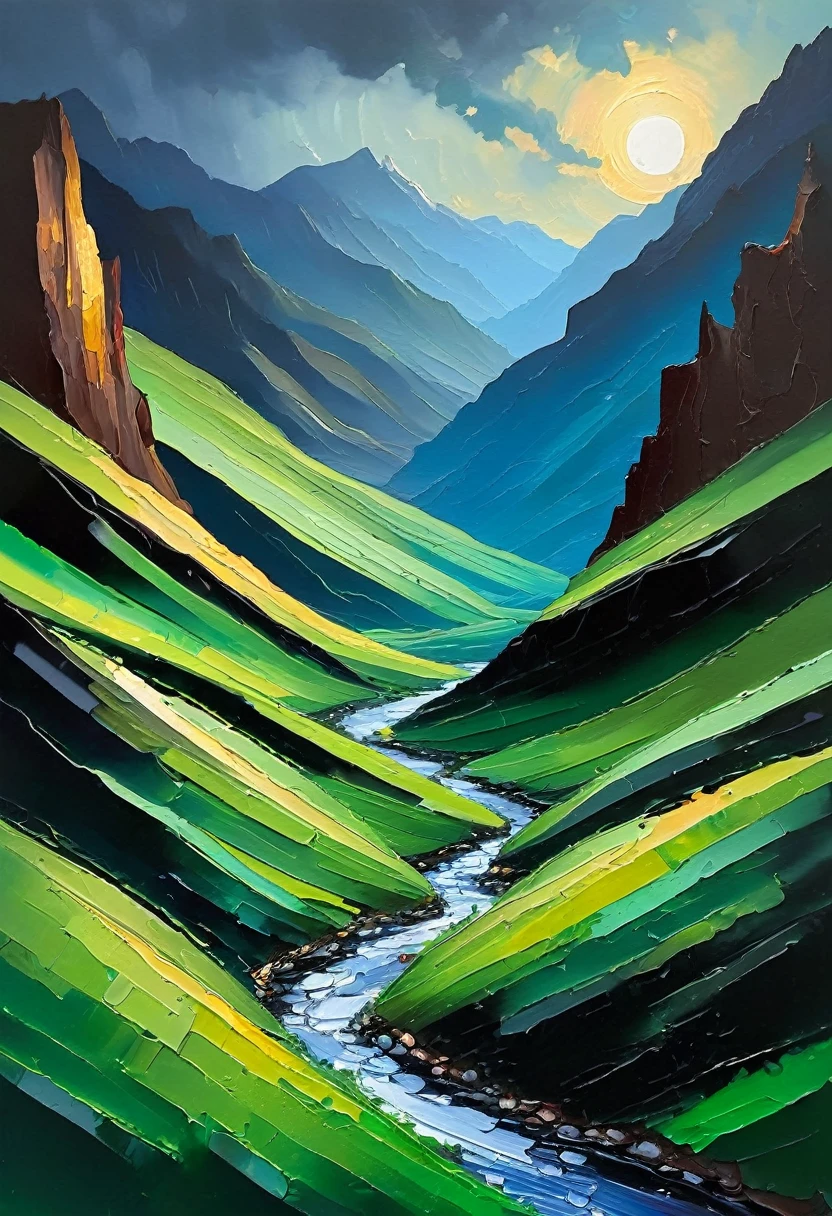 a thick textured oil painting, impasto brushstrokes, dry brushing,revealing underlayers, abstract landscape, moody lighting, dramatic shadows, muted earthy colors, vibrant colors, highly detailed, masterpiece
