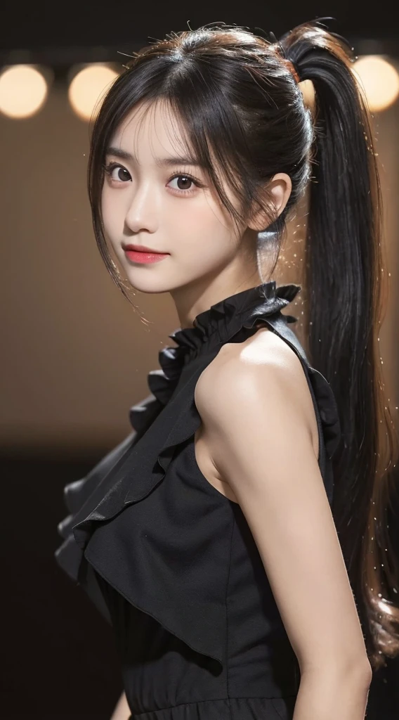 (black eyes),
(masterpiece, best quality:1.4),(photorealistic:1.4)(realistic, photo-realistic:1.4),,8k UHD,ultra high res,RAW,HDR,One woman,fully body photo,masutepiece, The highest image quality, High quality, the background is clear,Beautiful woman, Japanese, Detailed, Detailed eyes, Detailed skin, Beautiful skin, 超hight resolution, (reality: 1.4),Very beautiful woman, Slightly younger face, Beautiful skin, slender, (Ultra photo realsisim), (hight resolution), (8K), (Very detailed) (beautifully detailed eyes), (super detailed), (Detailed face), view the viewer, Fine details, Detailed face, Staring straight ahead, Staring straight ahead, photos realistic, Bright lighting, Professional Lighting, Black hair,poneyTail,a baby face,sixteen years old,Hairstyle is ponytail,long ponytail hairstyle,slight smile,Orange colored long dress with lots of ruffles, softly shaped skirt,Spotlight on stage,close-up of face,