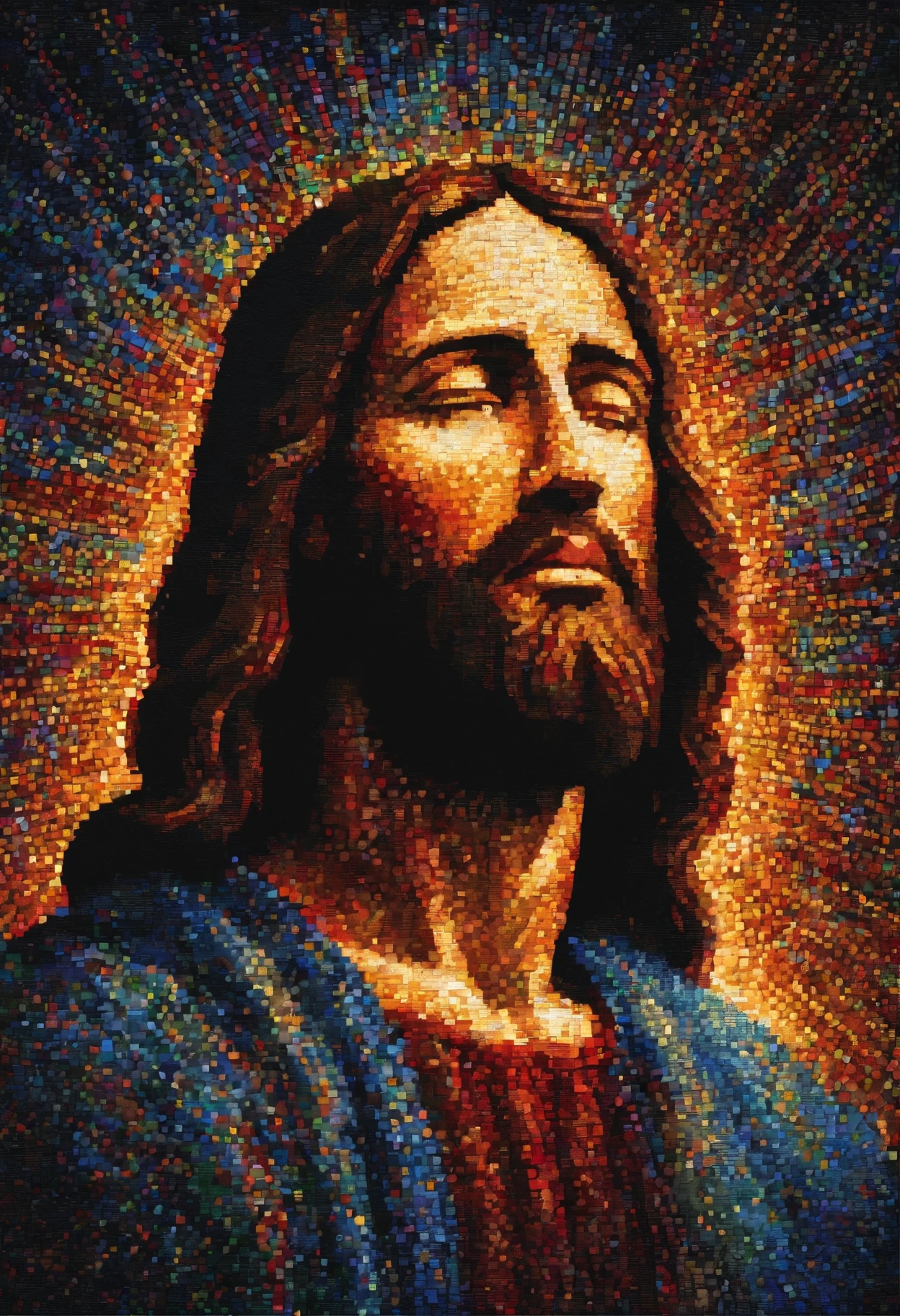 "Generate an image of Jesus in your profile, Capture in moments of deep prayer, Gently clasp your hands together,big cross."