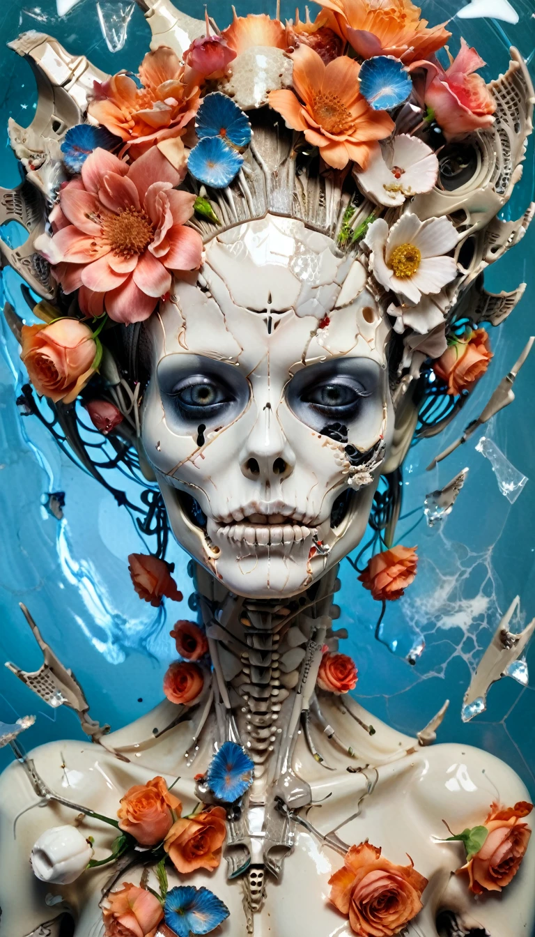 A portrait of a female broken android with a cracked porcelain face that's shattering into fragments, futuristic look, close-up, skull, shattered glass, made of porcelain, broken, destroyed, abstract patterns, white and light gray, head and shoulders portrait of succubus with flowers aquatic motifs, by Giger, Tim Burton, Artgerm, hyperdetailed