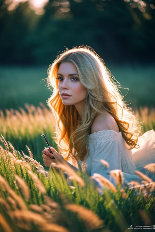 photograph of a white woman in tall grass, Andrei Tarkovsky, Anna Nikonova, warm sunlight, Antonio Rotta, reality punctuated by dreams, , Dean Cornwell, innocence, Robert Capa, summer sun, bob professional photography, soft lighting, high detail, intricate detail, photorealistic, cinematic, random angle, watercolor, airbrush, style Greg Rudkowski, Michael Garmash, ultra hd, realistic, vivid colors, highly detailed, UHD drawing, pen and ink, perfect composition, beautiful detailed intricate insanely detailed octane render trending on artstation, 8k artistic photography, photorealistic concept art, soft natural volumetric cinematic perfect light