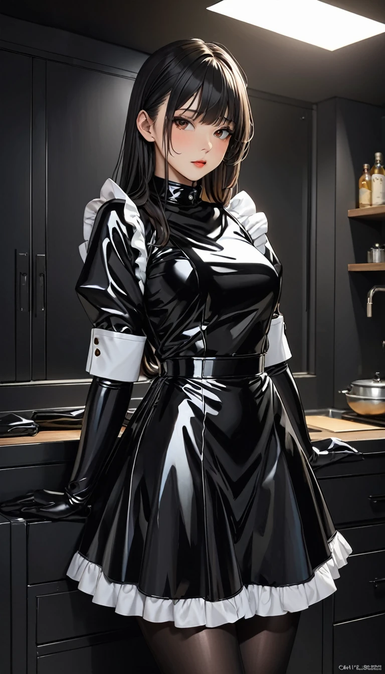 (masterpiece,highest quality,超A high resolution),Japanese women, (((Very beautiful 25 year old girl))),(Black latex maid outfit)、Black latex long skirt、Black latex long sleeve shirt、Long gloves in black latex、black latex tights、The clothes fit very well、Latex has a very strong shine、Dark Room