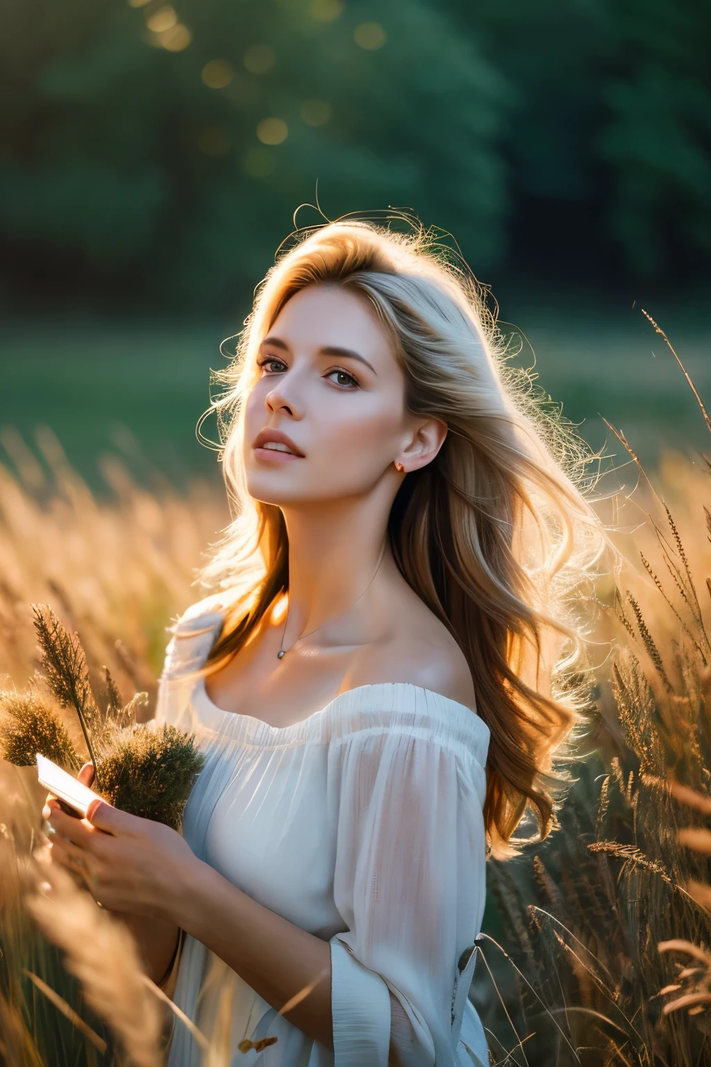 photograph of a white woman in tall grass, Andrei Tarkovsky, Anna Nikonova, warm sunlight, Antonio Rotta, reality punctuated by dreams, , Dean Cornwell, innocence, Robert Capa, summer sun, bob professional photography, soft lighting, high detail, intricate detail, photorealistic, cinematic, random angle, watercolor, airbrush, style Greg Rudkowski, Michael Garmash, ultra hd, realistic, vivid colors, highly detailed, UHD drawing, pen and ink, perfect composition, beautiful detailed intricate insanely detailed octane render trending on artstation, 8k artistic photography, photorealistic concept art, soft natural volumetric cinematic perfect light
