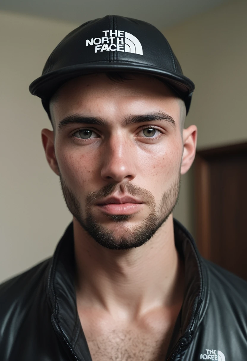 candid cinema, 16mm, color graded portra 400 film, remarkable color, textured skin, remarkable detailed pupils, visible skin detail, skin fuzz, dry skin, ((full view))), ((full body complete:1.8))), RAW low contrast photograph of a chav, 20 year old tall and lanky Caucasian handsome guy, some beard, He has dark brown buzz cut and freckles on his face, (Stubble:1.9), (Masculine:1.5), mild body hair, scally guys, full body, with a incredible big and huge black nylon puffer jacket "the north face":1.7++, (wears a black leather cap:1.8)++, he is looking down at the viewer angrily, (partially tattooed on face, neck and hands;1,8), The photo is taken at night inside his room from a low angle