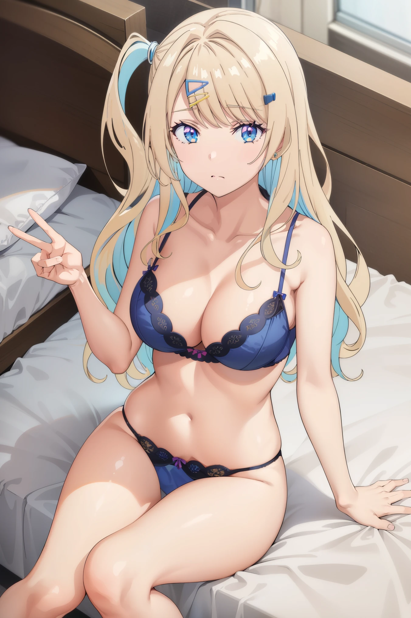 (masterpiece, best quality), ShirakawaRuna, 1girl, blonde hair, multicolored hair, bangs, one side up, long hair, blue eyes, hairclip, jewelry, earrings, medium breasts, gyaru, cleavage, collarbone, lingerie, black lingerie, spread legs sitting on bed, beautiful body, bra, beautiful legs 