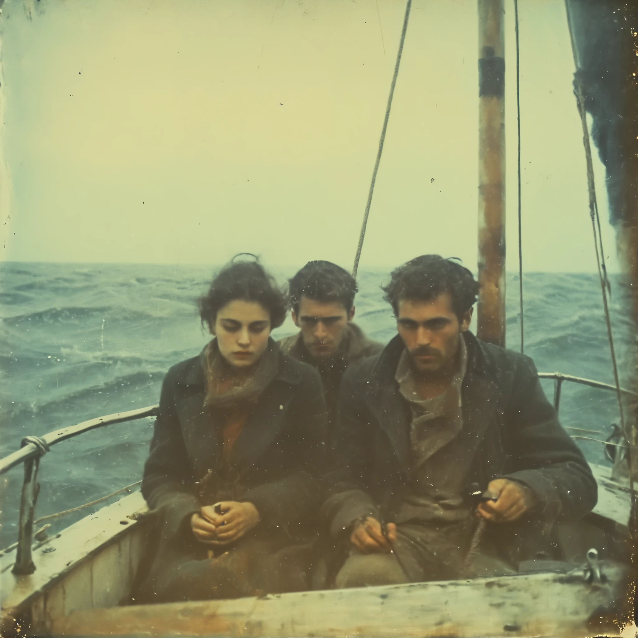 grainy, polaroid, 35mm vintage, super realistic old polaroid-photo, old camera, low quality, thick shading, 4 young adults on a sail-boat in the Atlantic ocean, hungover sea-sick, observing eerie mysterious horror phenomenon , side-view, perspective
