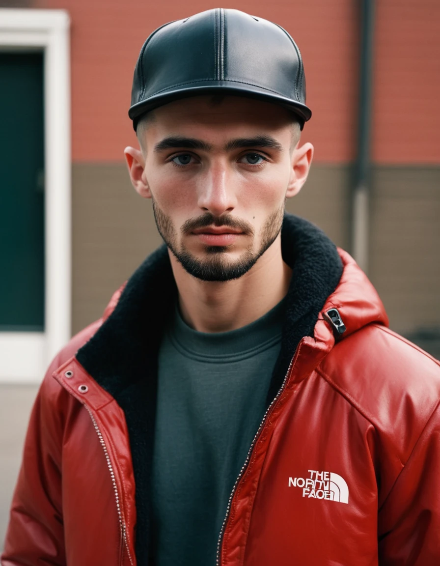 candid cinema, 16mm, color graded portra 400 film, remarkable color, textured skin, remarkable detailed pupils, visible skin detail, skin fuzz, dry skin, ((full view))), ((full body complete:1.8))), RAW low contrast photograph of a chav, 20 year old tall and lanky Caucasian handsome guy, some beard, He has dark brown buzz cut and freckles on his face, (Stubble:1.9), (Masculine:1.5), mild body hair, scally guys, full body, with a very shiny and huge red and black nylon puffer jacket "the north face":1.7, (wears a black leather cap:1.8)++, he is looking down at the viewer angrily, (partially tattooed on face, neck and hands;1,8), The photo is taken at night inside his room from a low angle