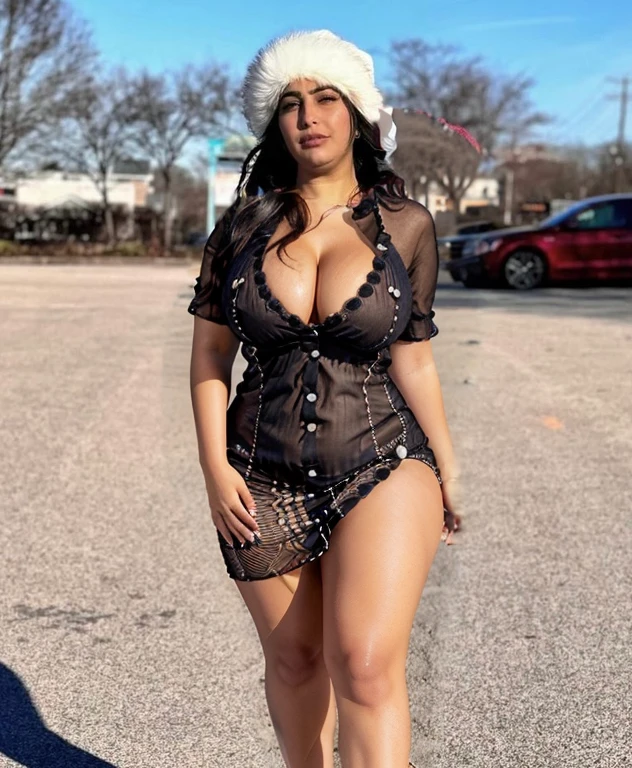Black button up see through, short dress, curvy, medium size breasts, curvy, cleavage fully exposed, Arab skin color, curvy thighs, large cleavage, thighs exposed, open more buttons, both thighs exposed, all front open dress, all unbuttoned front