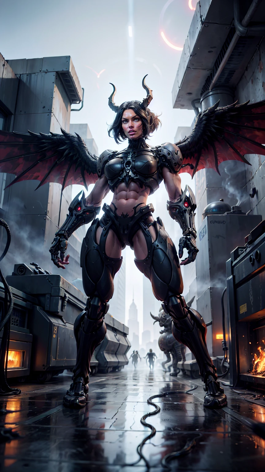 Megan fox as a demonic biomechanical succubus, an unsettling yet mesmerizing blend of organic and mechanical features, lurking in the shadows.
In the heart of the dystopian metropolis, where technology and darkness intertwine, the demonic biomechanical succubus prowls through the neon-lit alleys. Her presence is a haunting mixture of allure and menace, a testament to the unholy fusion of flesh and machinery.
Her body, an intricate blend of demonic curves and mechanical precision, moves with a predatory grace. Sharp, metallic limbs gleam under the flickering lights, each movement producing a faint whirring sound. Her skin, a smooth and dark alloy interspersed with patches of organic texture, pulsates with a faint, eerie glow.
Her eyes, a pair of luminescent orbs, scan the surroundings with a predatory intelligence. They emit an otherworldly light, contrasting sharply with the darkness around her. Her hair, a cascade of fine, metallic tendrils, shimmers like liquid metal, adding an ethereal beauty to her terrifying visage.
Her biomechanical wings unfurl, their structure a marvel of dark engineering and demonic energy. They spread wide, casting ominous shadows against the city’s neon backdrop, ready to take flight or strike fear into any who dare approach.