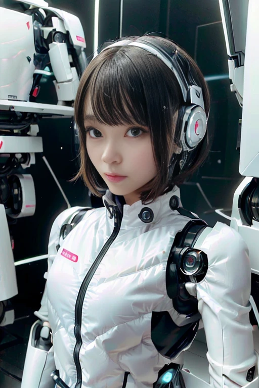 A girl in a futuristic bright white heavily armored robot suit takes a photo、perfect android girl, Female cyborg body, Perfect anime cyborg woman, Beautiful female android!, Female Robot, completely robot!! girl, Cute cyborg girl, Cyber Suit, Girl wearing mecha cybernetic armor, Cyber Suit, beutiful white girl cyborg, Beautiful female android, Beautiful girl cyborg、Cute cyborg girl with short bob hair、Beautiful android sculpture model、(Laughter)、((Rounded, white, sturdy armor))、(((Equipped with long sensor antennas on both ears)))、(((Robot Girl)))、(((Android girls)))、