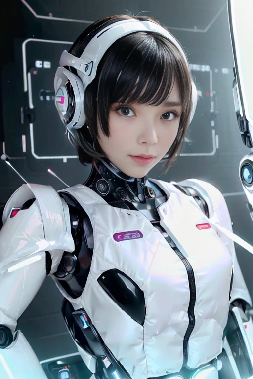 A girl in a futuristic bright white heavily armored robot suit takes a photo、perfect android girl, Female cyborg body, Perfect anime cyborg woman, Beautiful female android!, Female Robot, completely robot!! girl, Cute cyborg girl, Cyber Suit, Girl wearing mecha cybernetic armor, Cyber Suit, beutiful white girl cyborg, Beautiful female android, Beautiful girl cyborg、Cute cyborg girl with short bob hair、Beautiful android sculpture model、(Laughter)、((Rounded, white, sturdy armor))、(((Equipped with long sensor antennas on both ears)))、(((Robot Girl)))、(((Android girls)))、