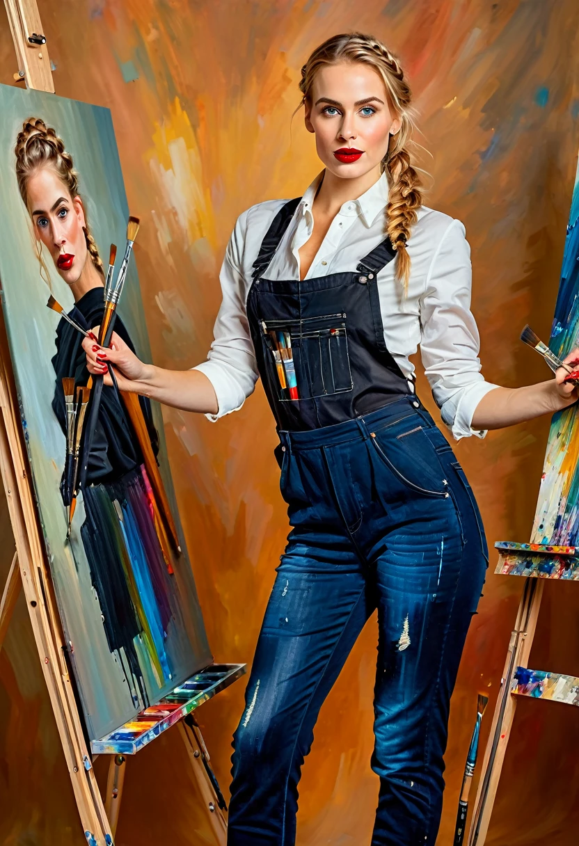 sexy cyborg woman, full-length, standing, beautiful face, expressive eyes, red lips, French braid, blonde hair, oil paints, self-portrait, easel, paintbrushes, art studio, natural lighting, vibrant colors, detailed brushstrokes, realistic rendering, professional artist, creative process, confident posture, artistry, fashionable outfit, perfect composition, exquisite technique, captivating gaze, artistry, alluring atmosphere, unique style, feminine charm, stunning artwork, high resolution, 4k image, dynamic background, flawless details, masterful strokes, harmonious color palette.