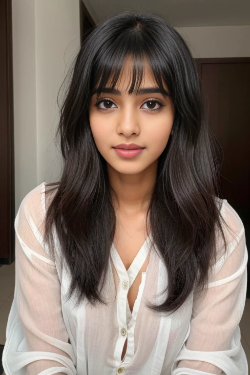 sanjana saba with big ,perfect, bang hair hairstyle with an inocent look on her face,being cute