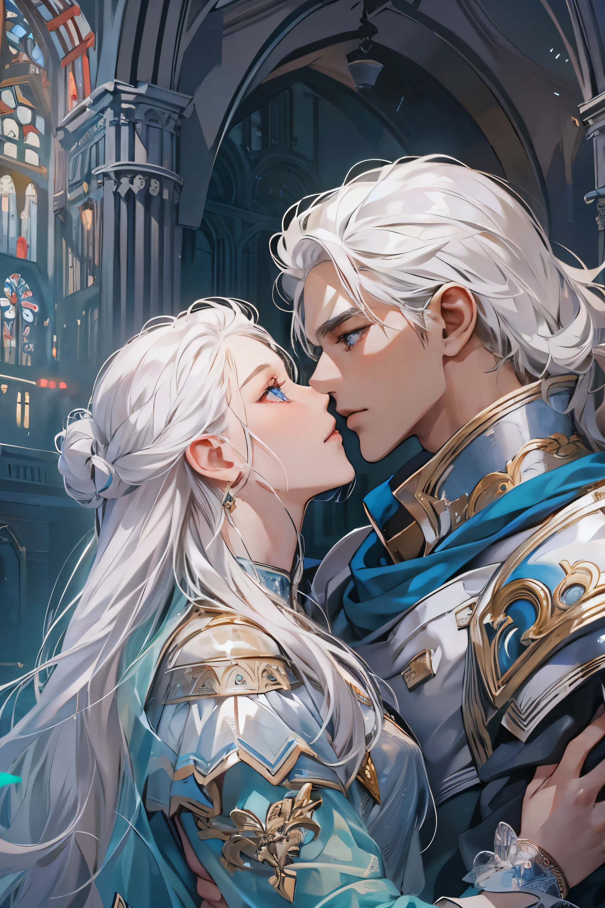 A man and a woman are about to kiss. The man is wearing elegant and sturdy armor that majestically reflects the light. He has short white hair, impeccably styled, and piercing blue eyes that shine with captivating intensity. His face is smooth and clean-shaven, revealing his striking beauty. He is not wearing a helmet, allowing his perfect features to be seen clearly.
The woman, equally stunning, is also wearing armor. Her long white hair flows gently in the air, framing her delicate and angelic face. Her blue eyes sparkle with a soft and enchanting depth. She is slender and graceful, exuding an aura of beauty and charm.
The two stand close to each other, their gazes meeting with palpable intensity, ready to share a moment of intimacy.